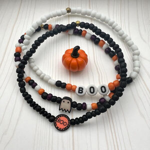 Halloween Beaded Stretch Bracelets Set Ghost BOO Charm Black Orange Purple White